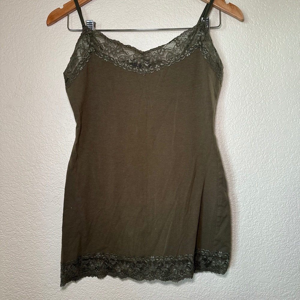 Zenana Outfitters Women L Camisole Tank Top Lace Trim Olive Green y2k Coquette